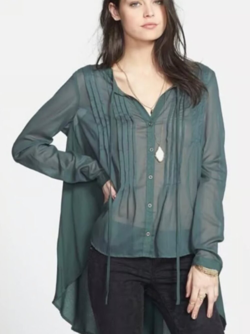 Free People Women's Blouse Small Dark Green Tunic Peasant Boho High Low